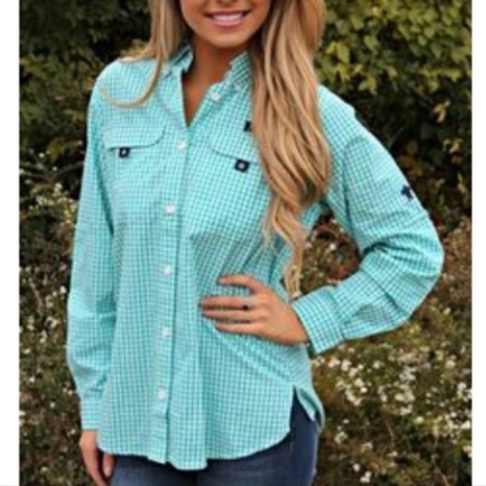 Simply Southern Teal and white gingham button down shirt szS